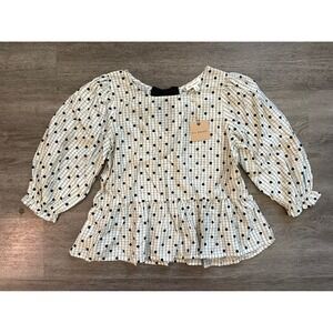 NWT Blu Pepper Plaid Polka Dot Peplum Blouse Womens Size S Black Bow Back